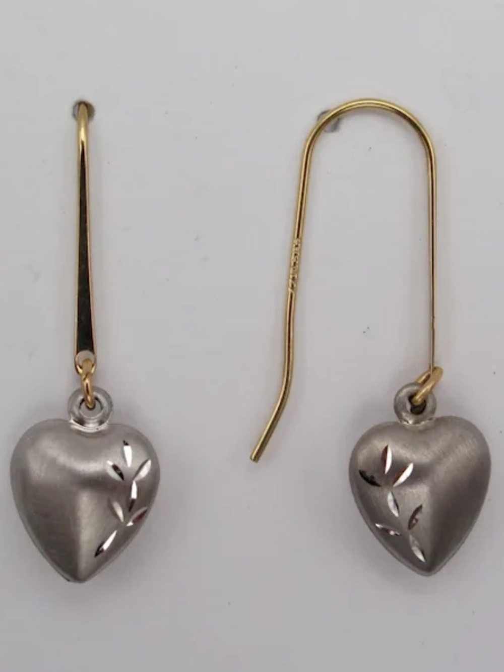 14K Two Tone Heart Dangle Earrings